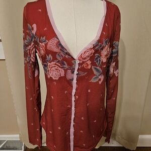 Free People Floral Red Long Sleeve Top Size M
